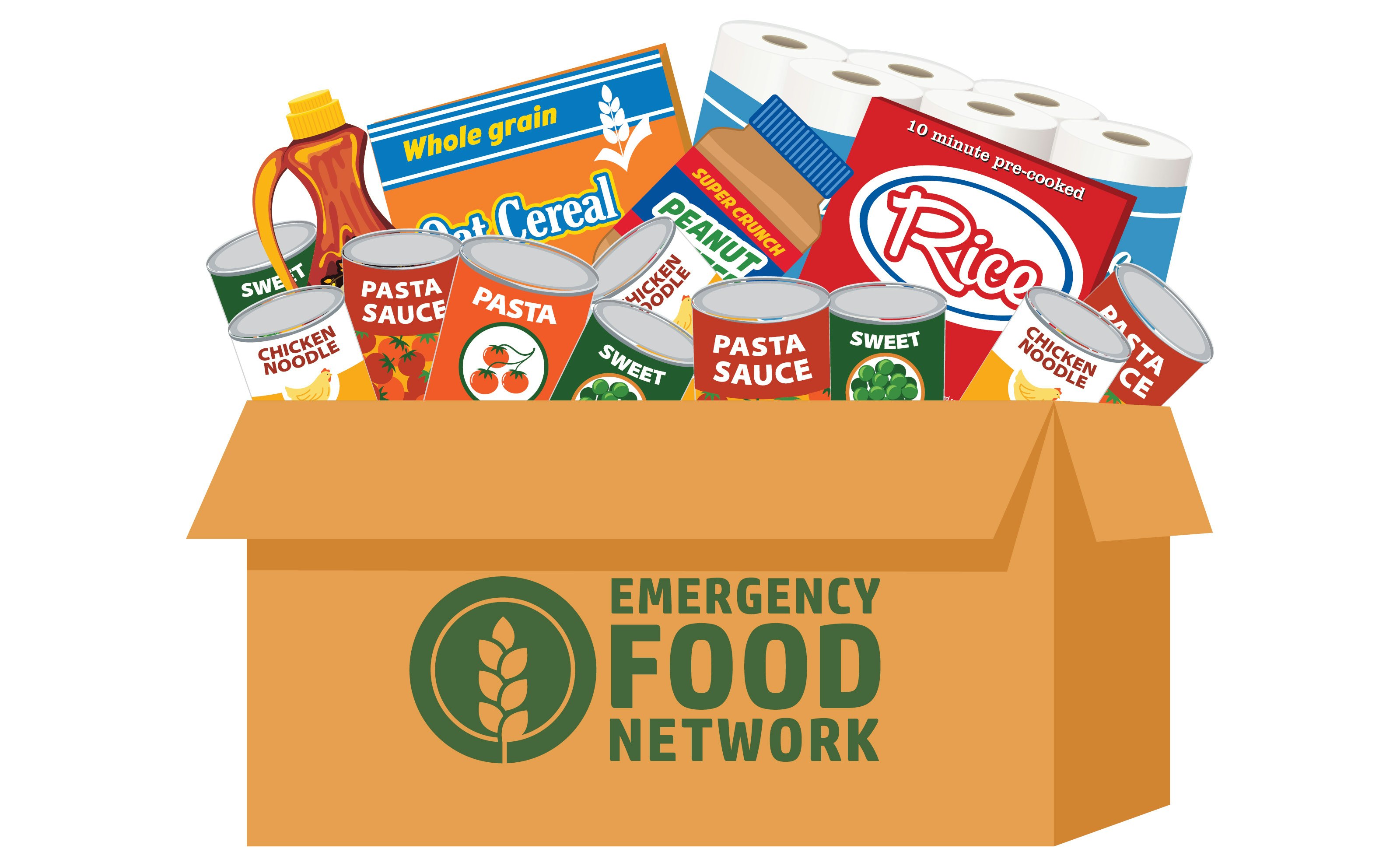 An illustrated graphic of a cardboard box full of food donations with the Emergency Food Network logo on it.