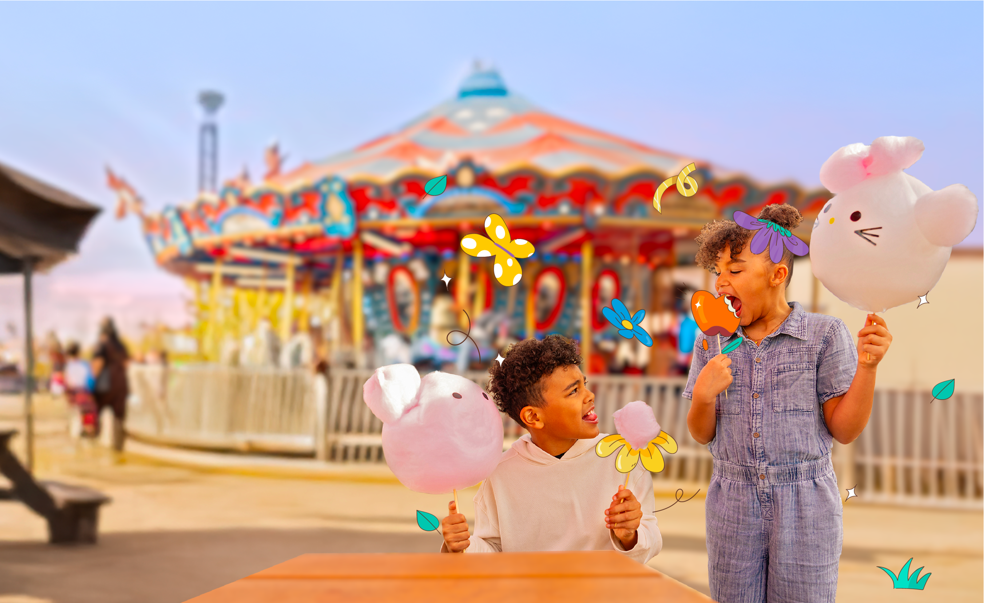 Two children eating animal-shaped cotton candy stand in front of a carousel, illustrations surrounding them of springtime images like flowers and butterflies.