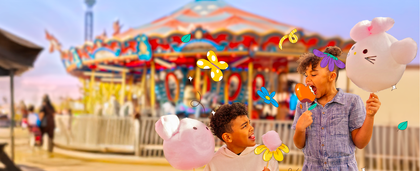 Two children eating animal-shaped cotton candy stand in front of a carousel, illustrations surrounding them of springtime images like flowers and butterflies.