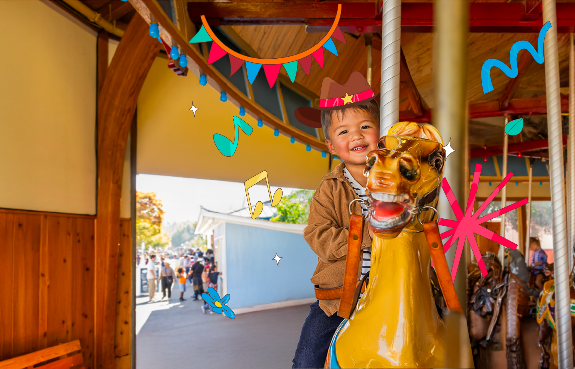 A little boy rides the carousel, with fun illustrations surrounding him of music notes, confetti, and a cowboy hat.