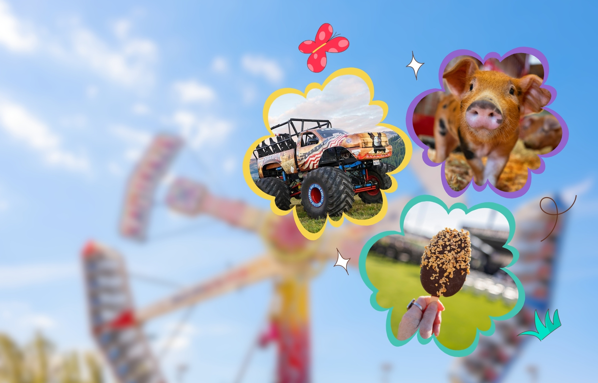 A blue sky background with a thrill ride is blurred behind three colorful cloud shapes, each featuring a different Spring Fair activity: A monster truck, a brown spotted piglet, and a chocolate nut ice cream bar.