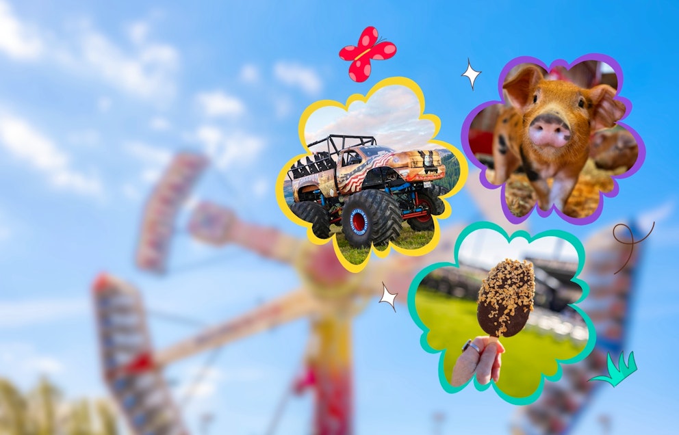 A blue sky background with a thrill ride is blurred behind three colorful cloud shapes, each featuring a different Spring Fair activity: A monster truck, a brown spotted piglet, and a chocolate nut ice cream bar.