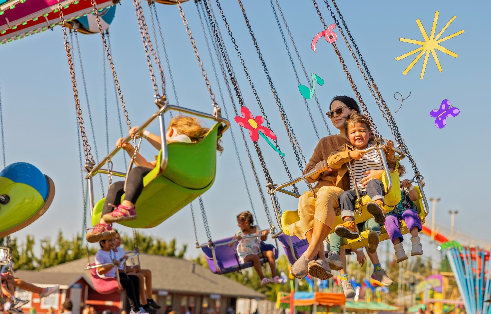 A blue sky background with a swing ride and fun colorful illustration popping up