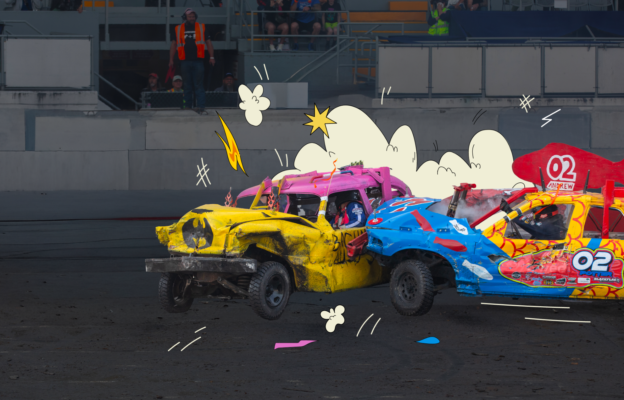 Two cars colliding for slamfest wtih fun illustrations