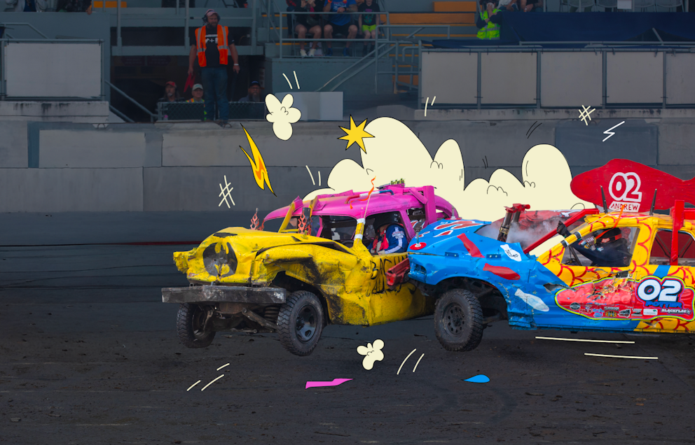 Two cars colliding for slamfest wtih fun illustrations