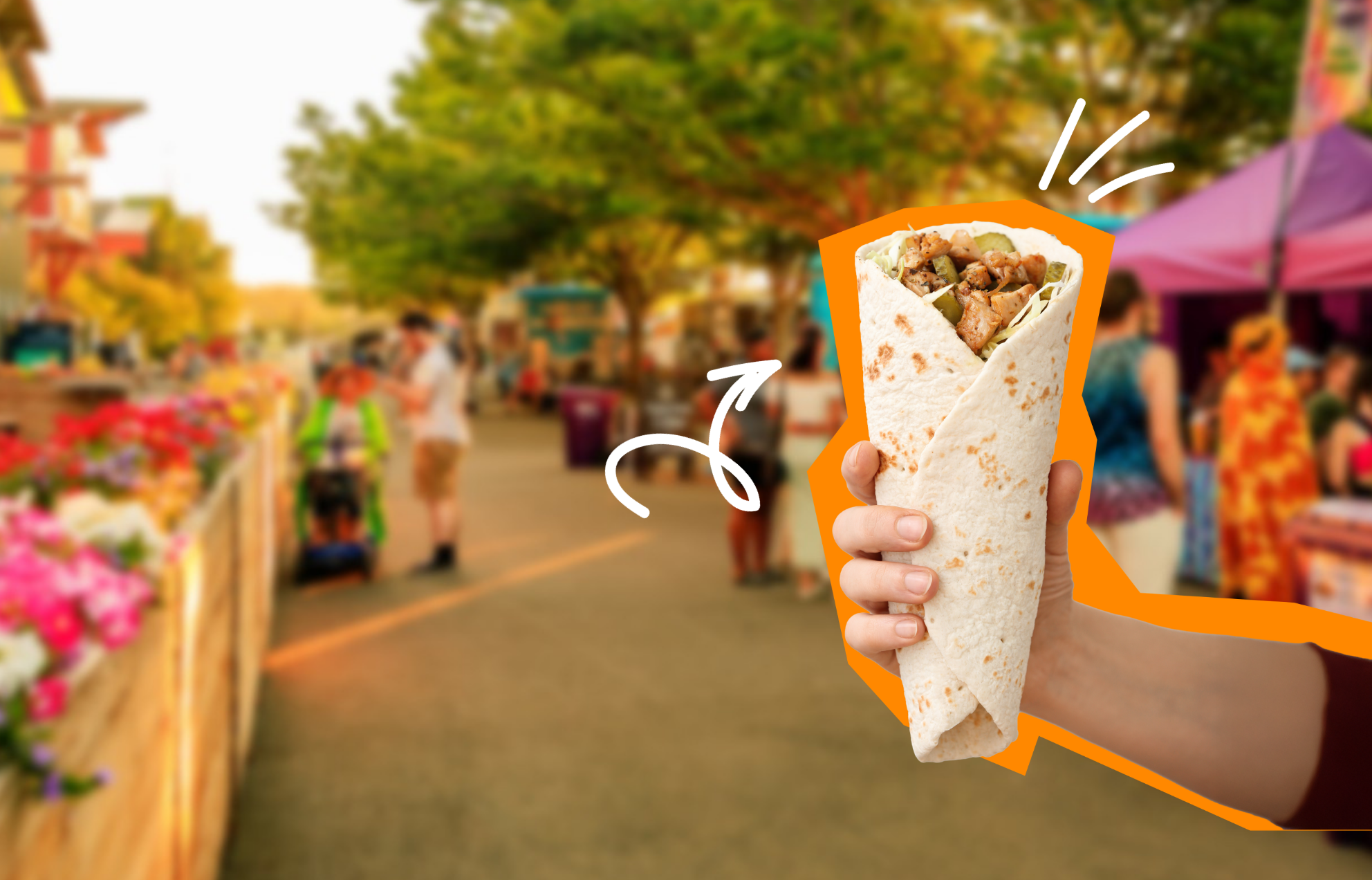 hand holding a wrap with an illustrated with arrow and fun lines