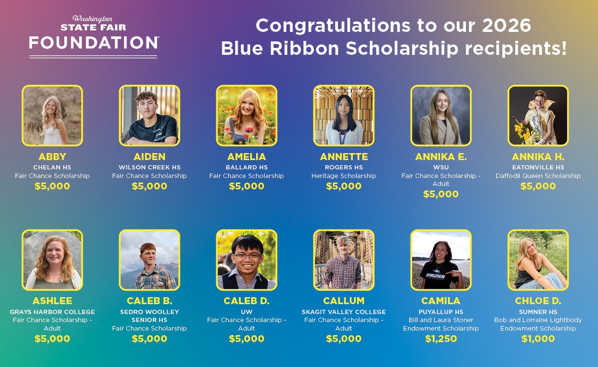 A title card listing the Blue Ribbon Scholarship Recipients from 2026 - their names, the scholarship received, and the total granted.