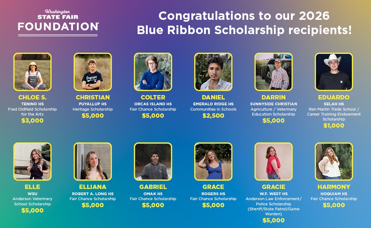 A title card listing the Blue Ribbon Scholarship Recipients from 2026 - their names, the scholarship received, and the total granted.