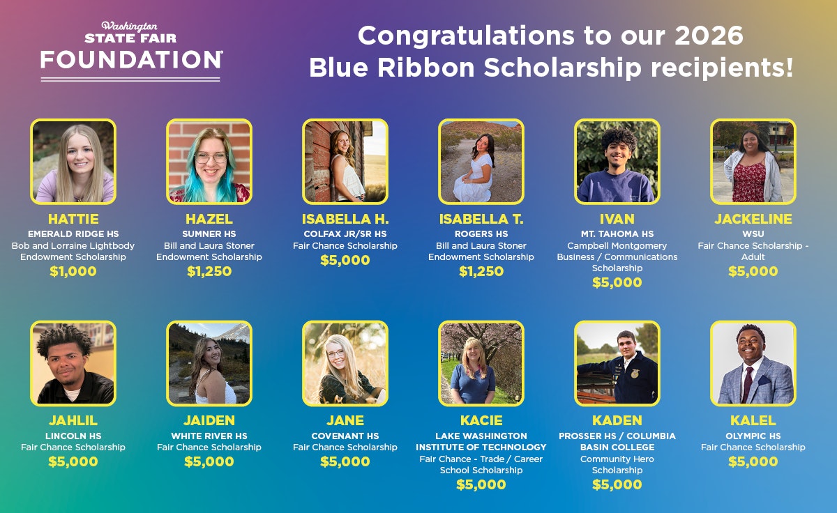 A title card listing the Blue Ribbon Scholarship Recipients from 2026 - their names, the scholarship received, and the total granted.