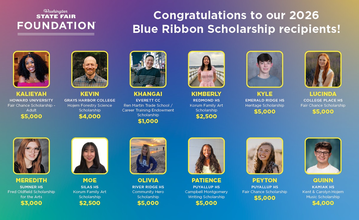 A title card listing the Blue Ribbon Scholarship Recipients from 2026 - their names, the scholarship received, and the total granted.