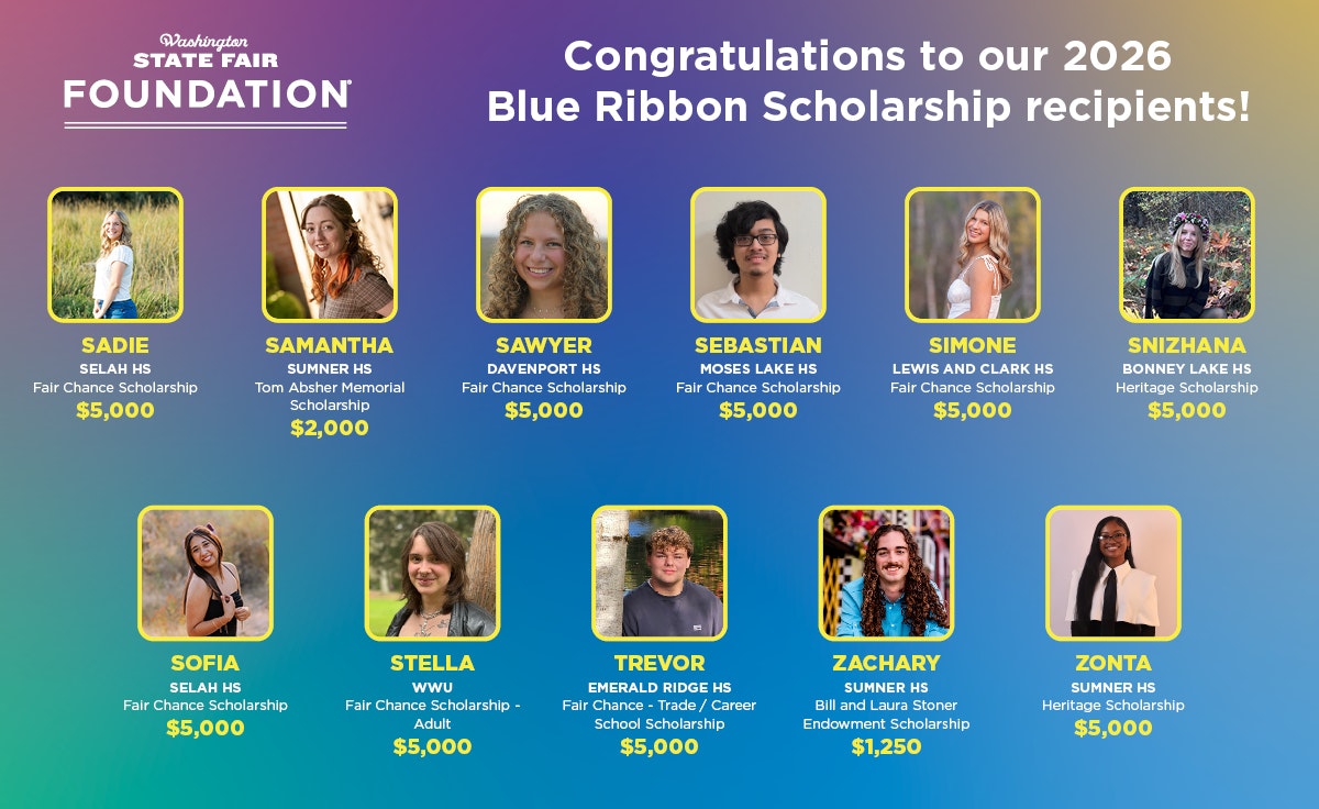 A title card listing the Blue Ribbon Scholarship Recipients from 2026 - their names, the scholarship received, and the total granted.