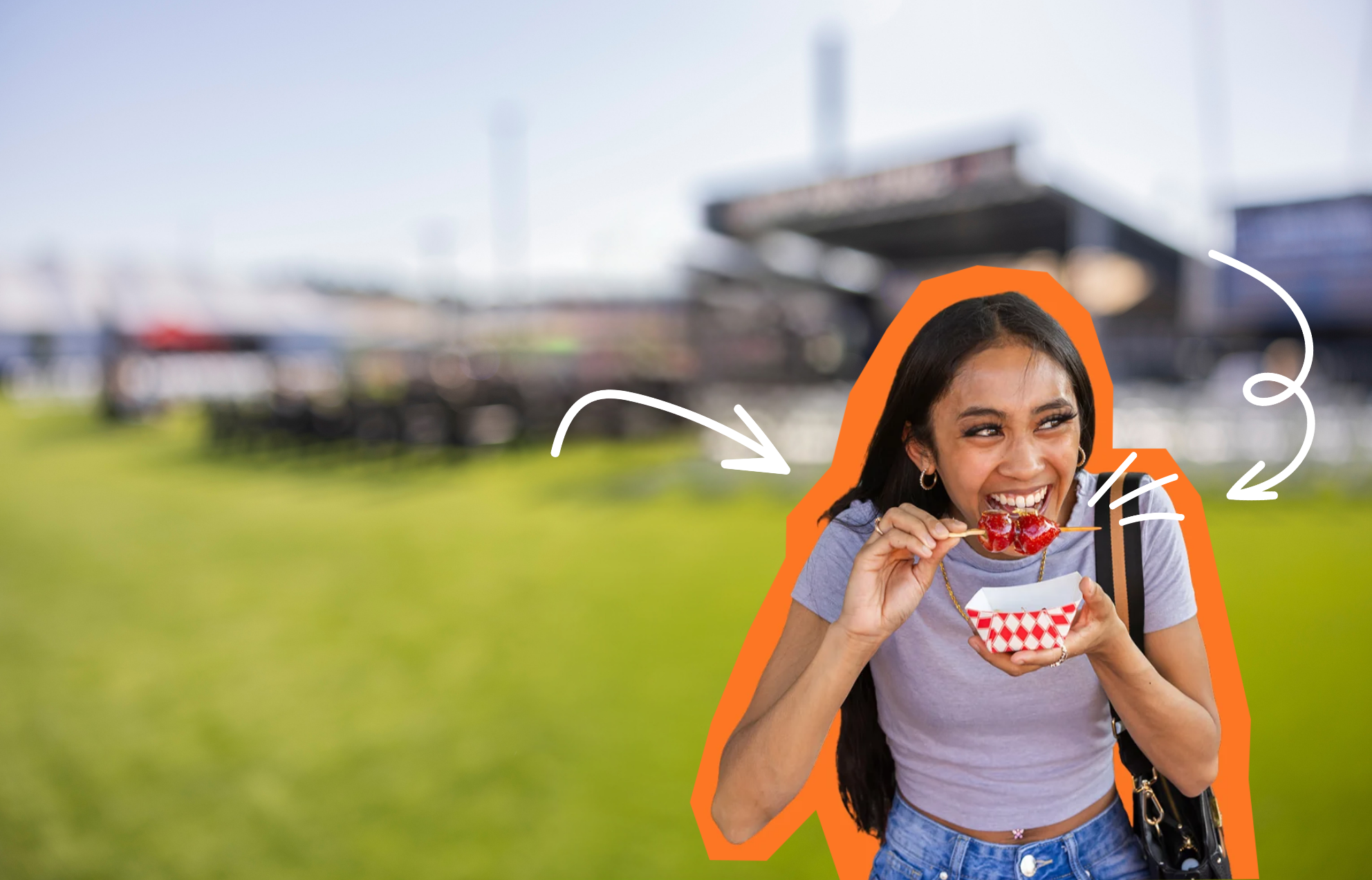 Girl eating tanghulu and smiling in a park setting