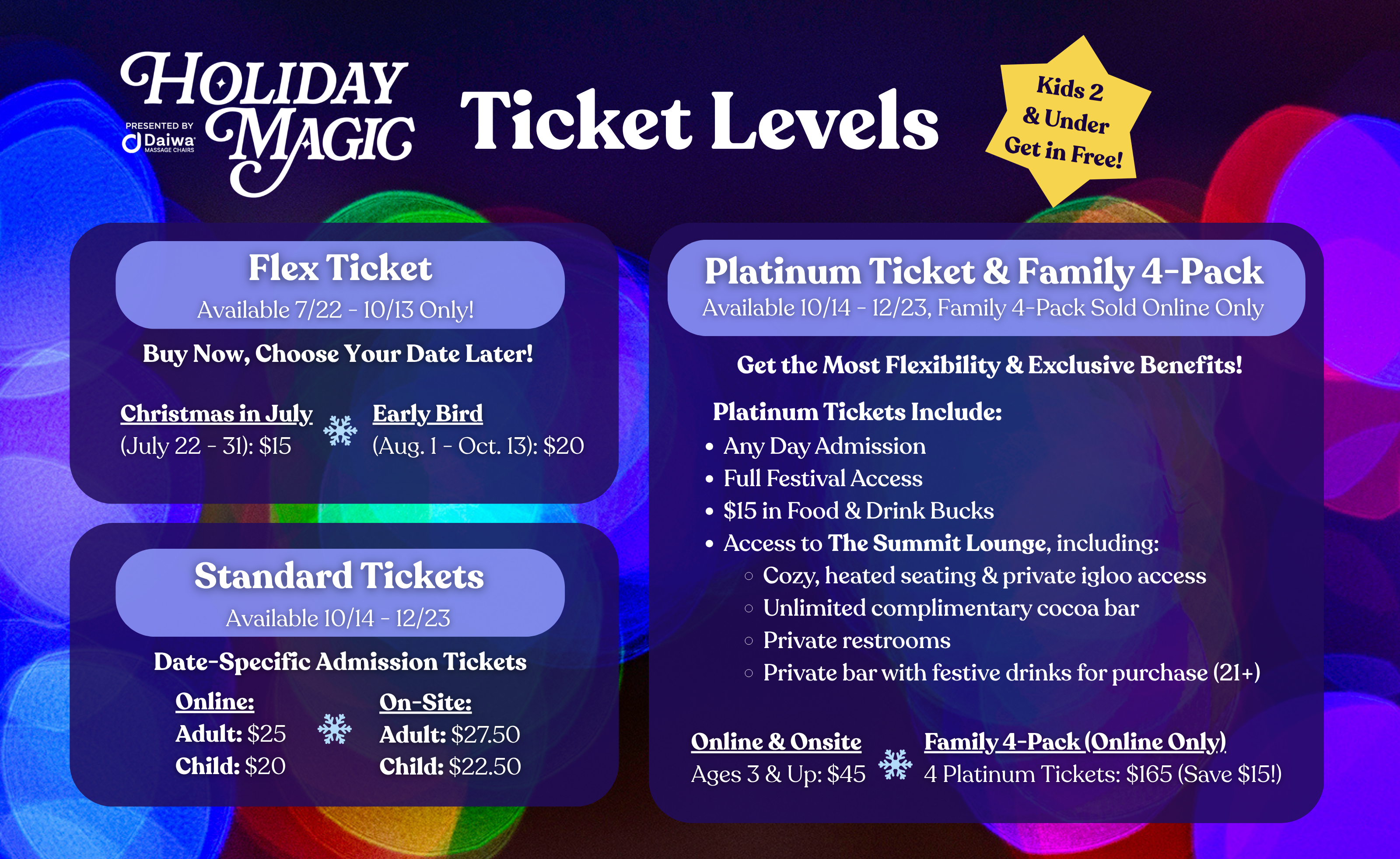 Holiday Magic ticket levels are broken out in colorful boxes. Details are available in text just below the graphic.