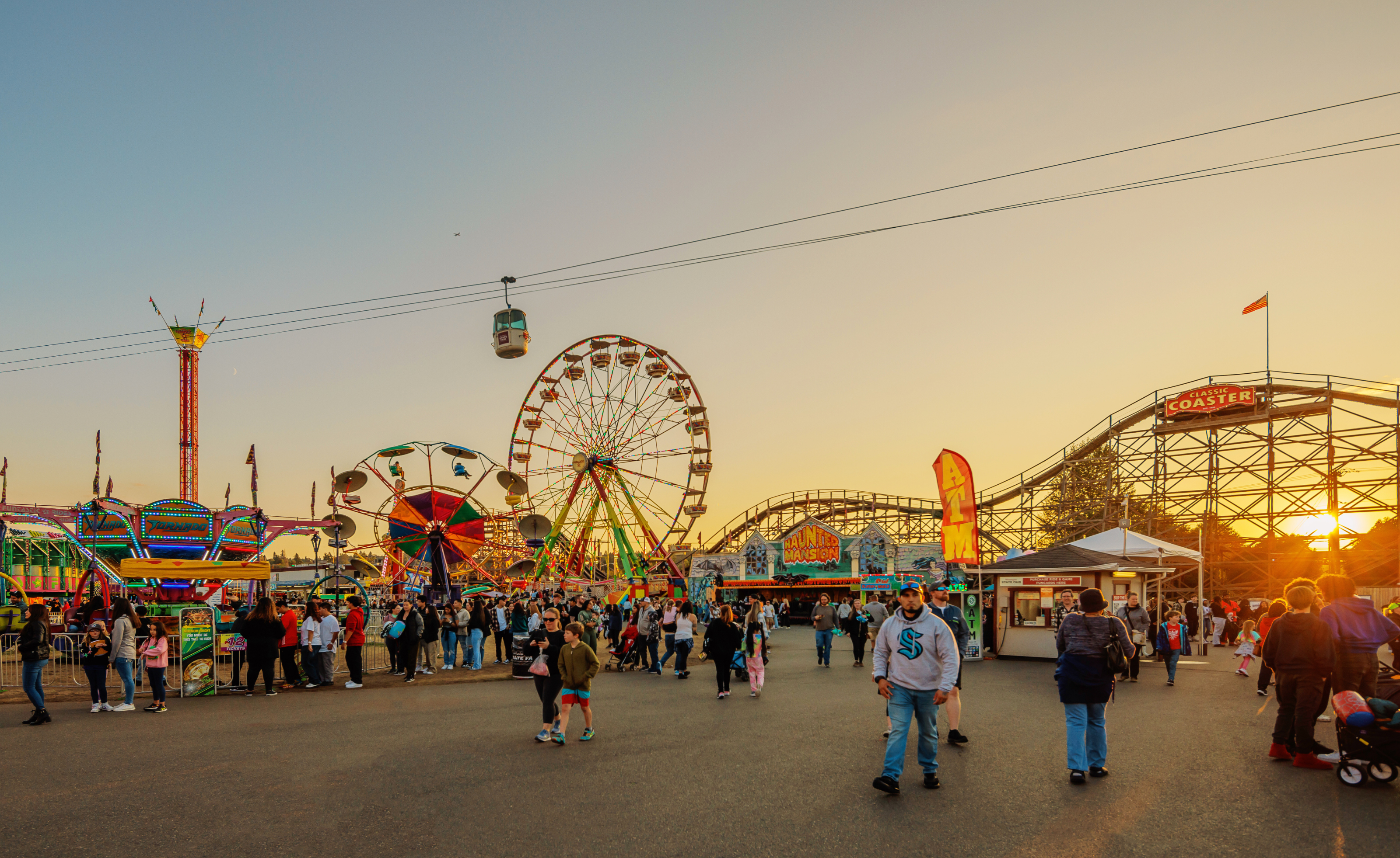 Washington State Fair midway rides and guests in Puyallup, Washington