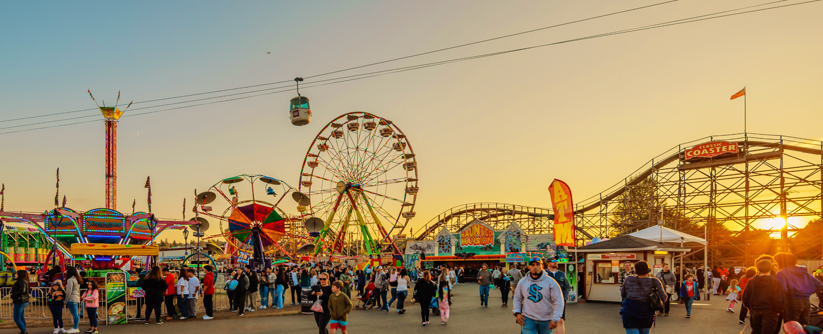 Washington State Fair midway rides and guests in Puyallup, Washington