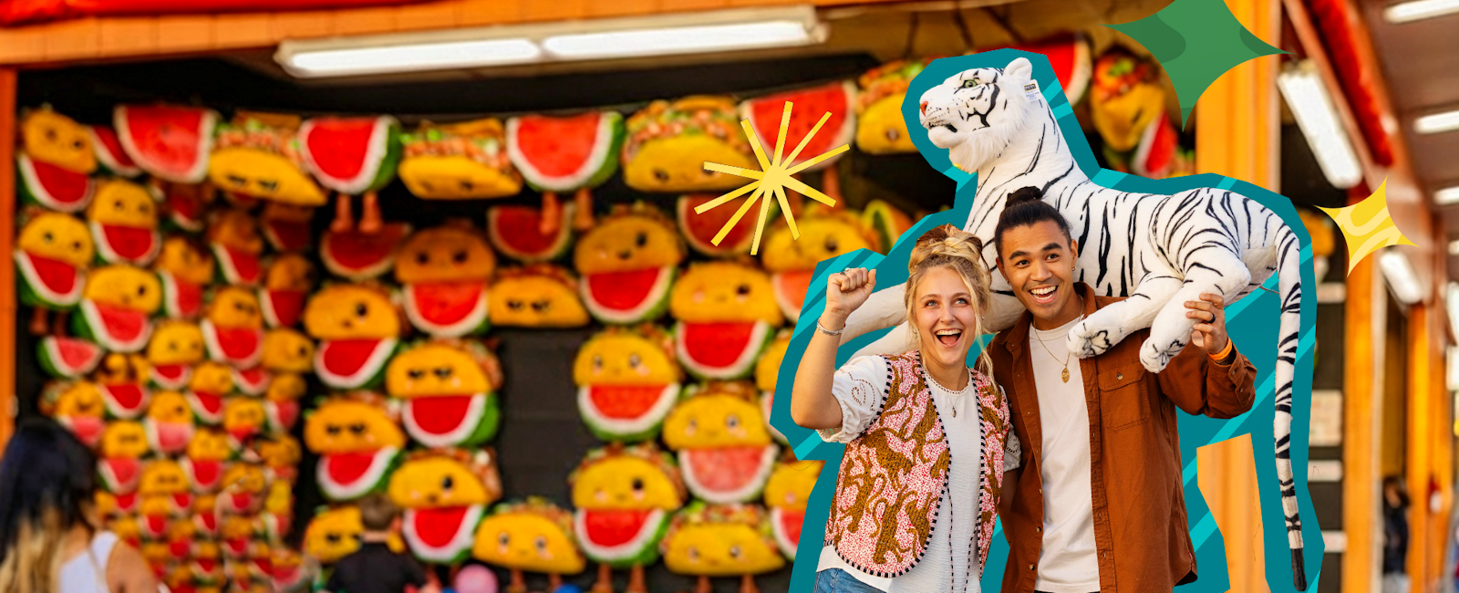 A couple holding up a prize plush tiger they won at a game booth.