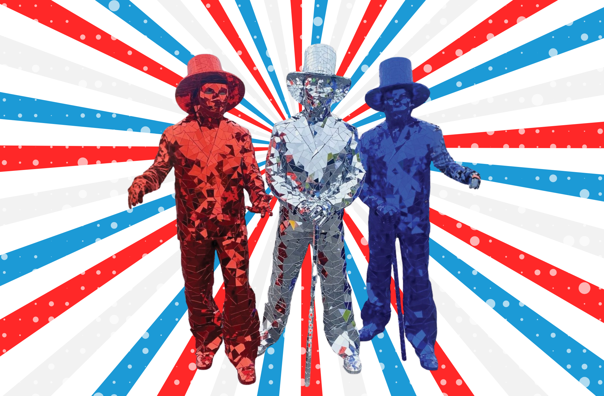 Disco men in red white and blue mirror outfits