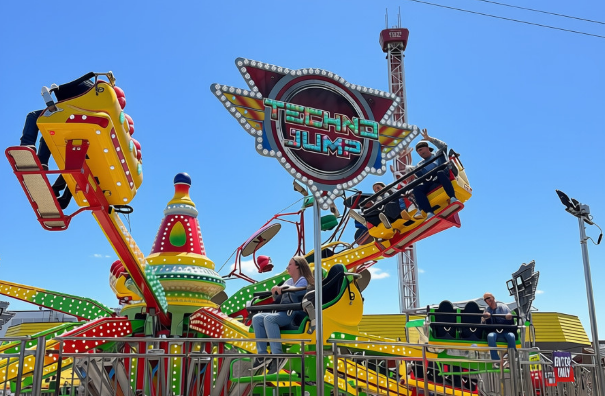 Techno Jump, a yellow, green, and red spinning ride with bars that stick out vertically and hop up and down while spinning in circles.