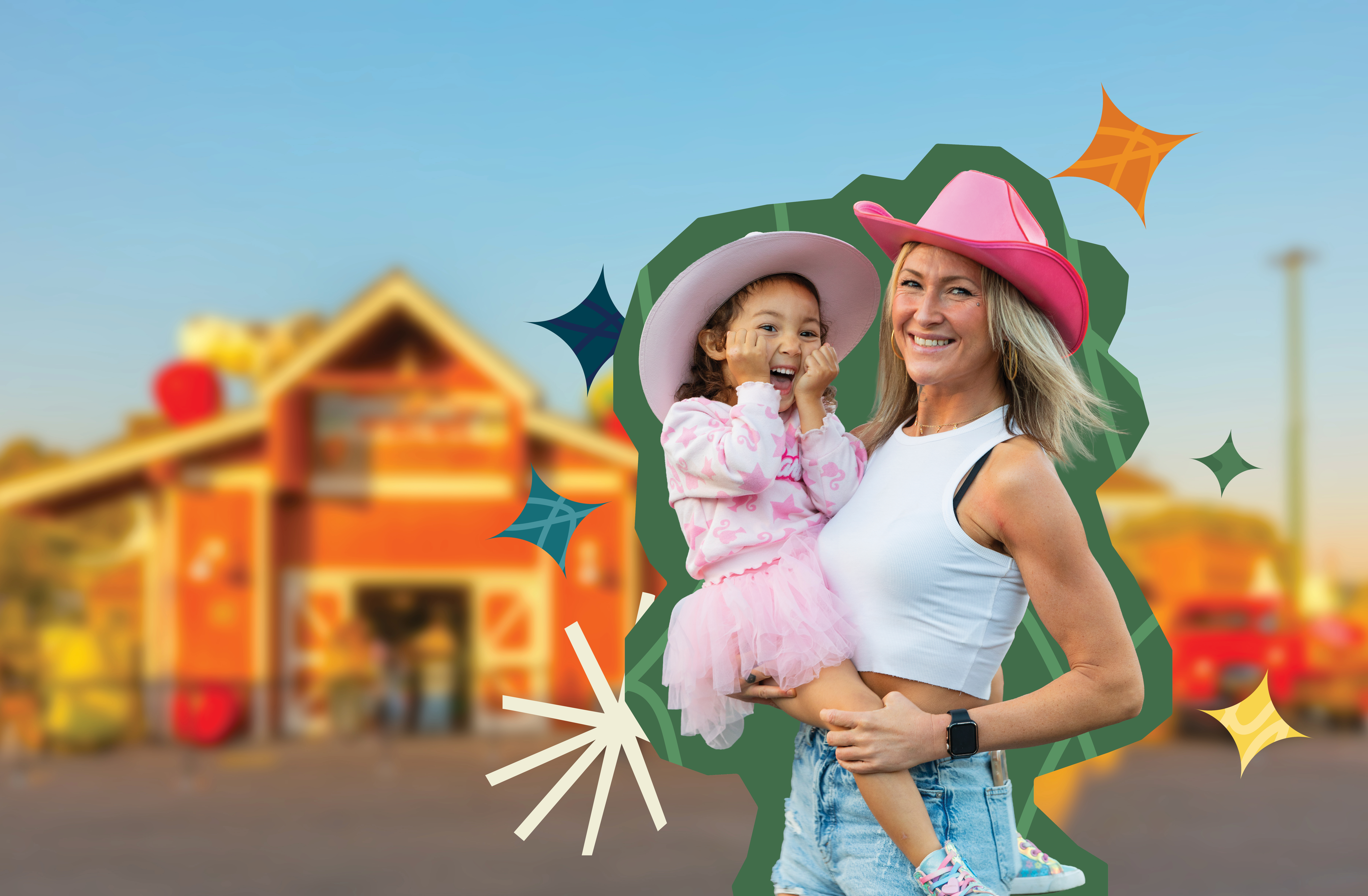 A little girl and her mom smiling at the camera, both wearing pink cowboy hats and surrounded by an illustrated green outline with colorful diamond shapes around them.