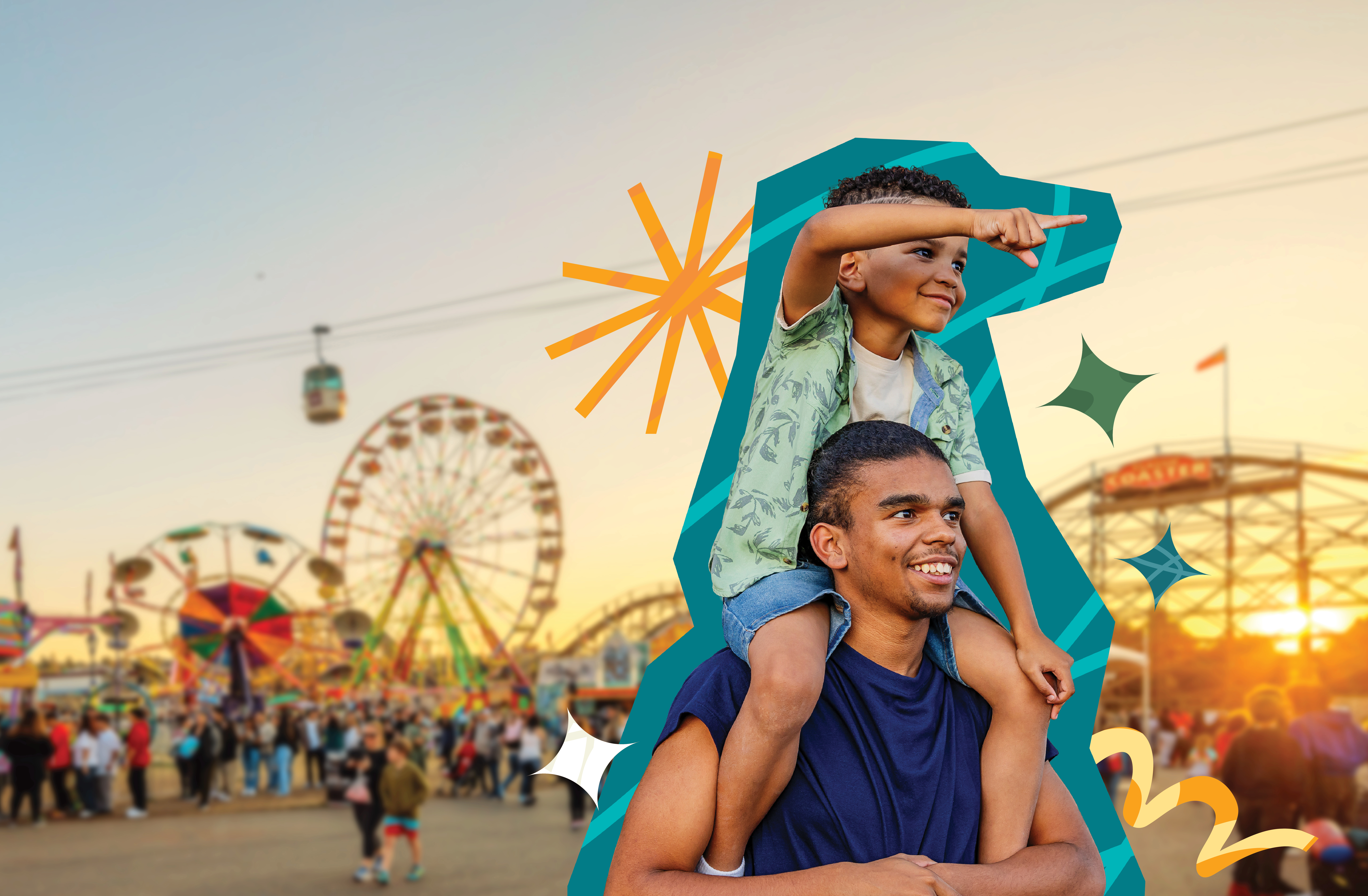 A little brother sits atop his big brother's shoulders as they walk through the Fair at sunset.