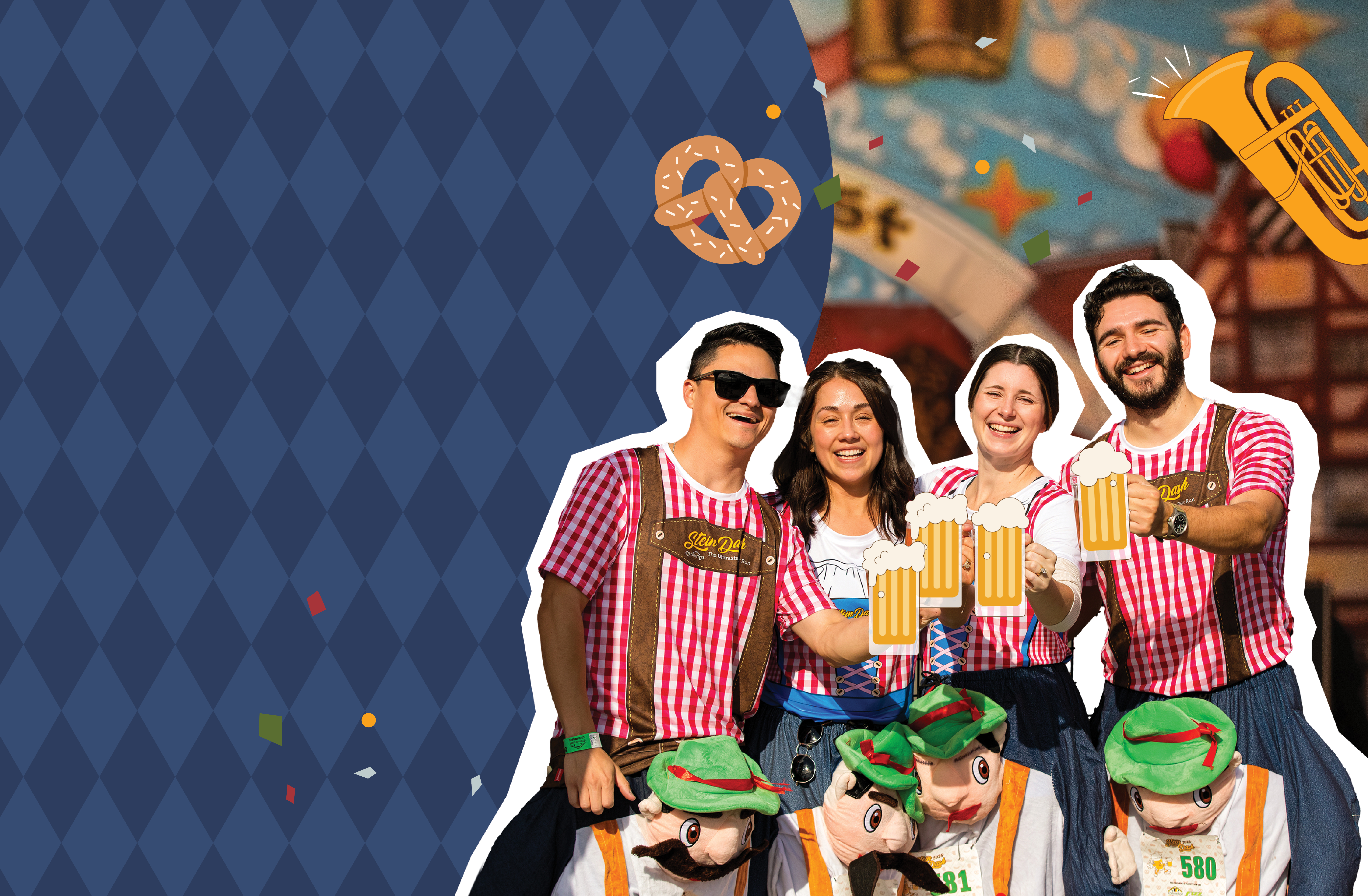 Four friends in matching red gingham outfits with lederhosen hold up animated beers.