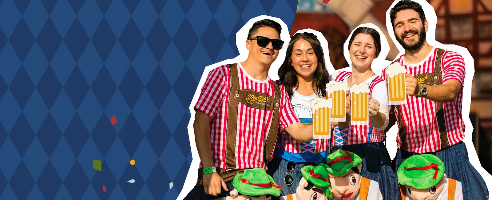 Four friends in matching red gingham outfits with lederhosen hold up animated beers.