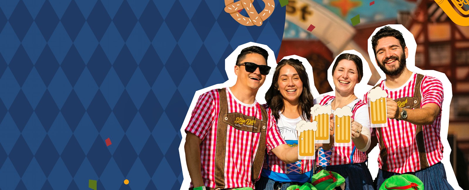 Four friends in matching red gingham outfits with lederhosen hold up animated beers.