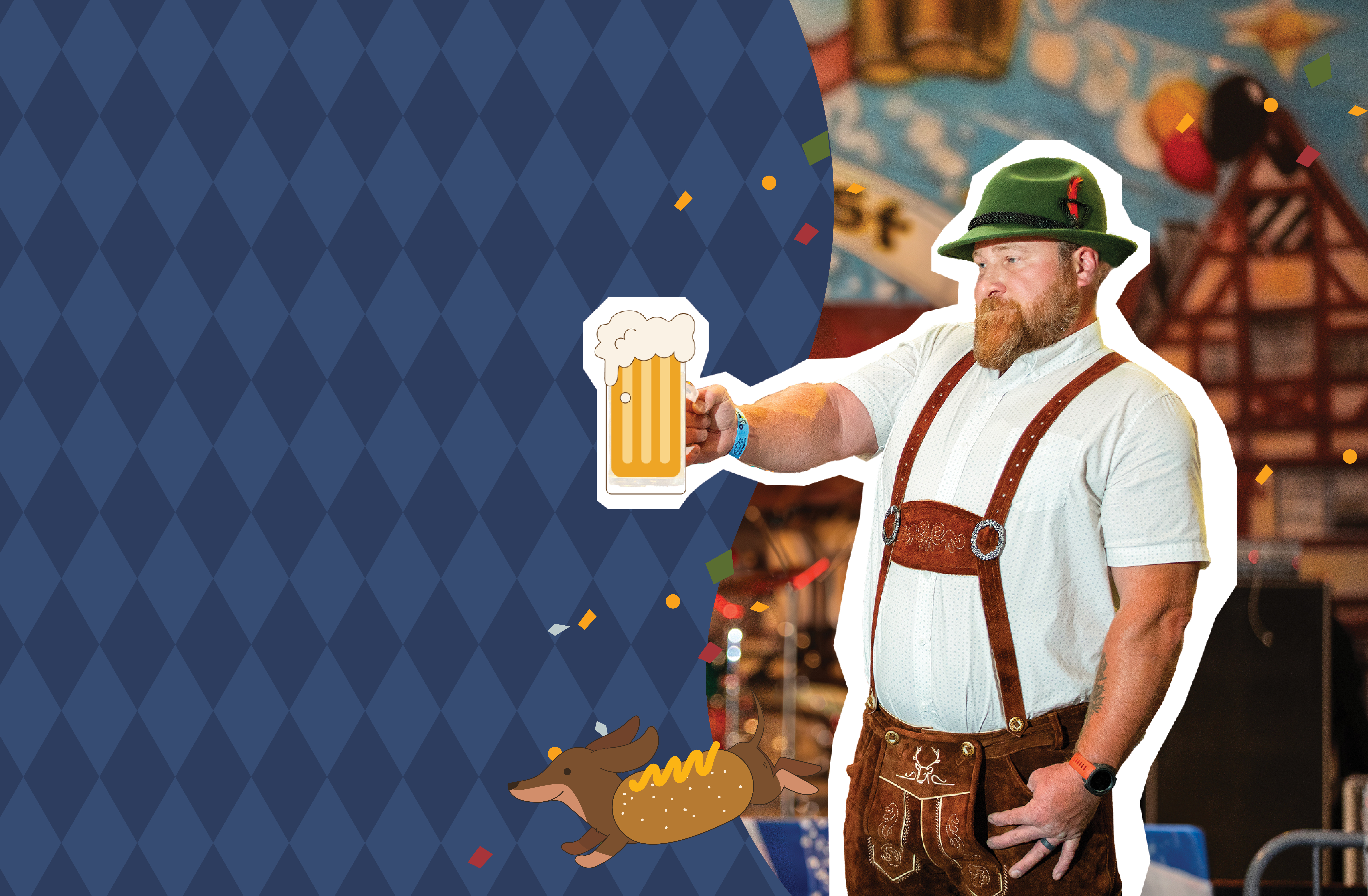 A man in lederhosen with a red beard and green cap holds a stein out in a steinholding contest. An animated wiener dog in a hot dog costume sprints across a blue diamond-patterned background.
