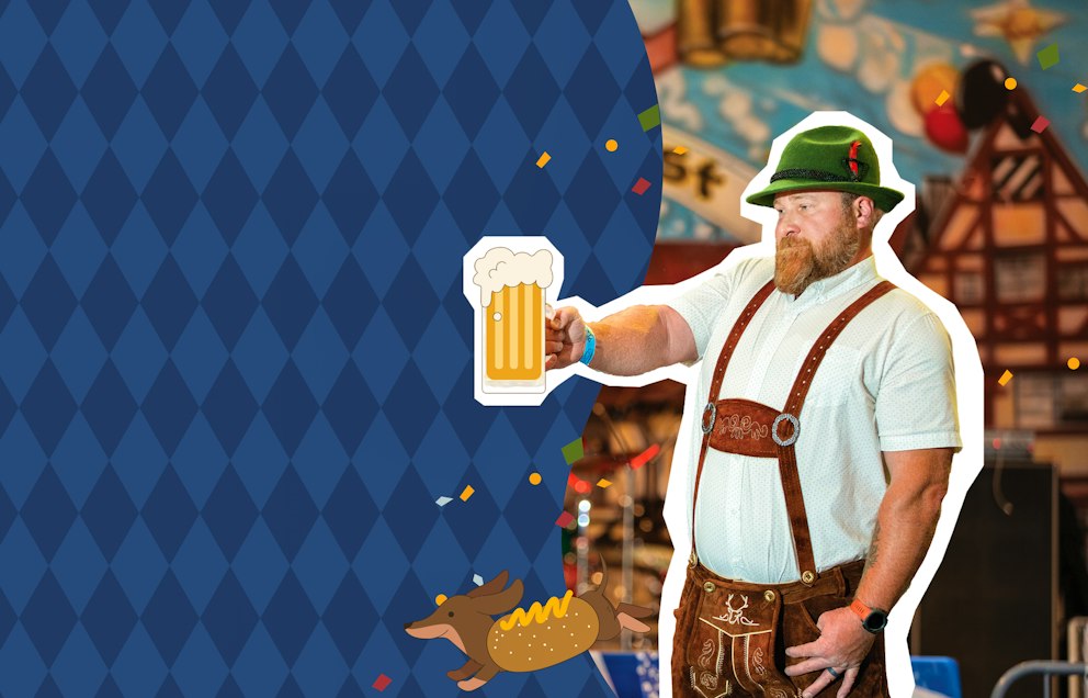 A man in lederhosen with a red beard and green cap holds a stein out in a steinholding contest. An animated wiener dog in a hot dog costume sprints across a blue diamond-patterned background.