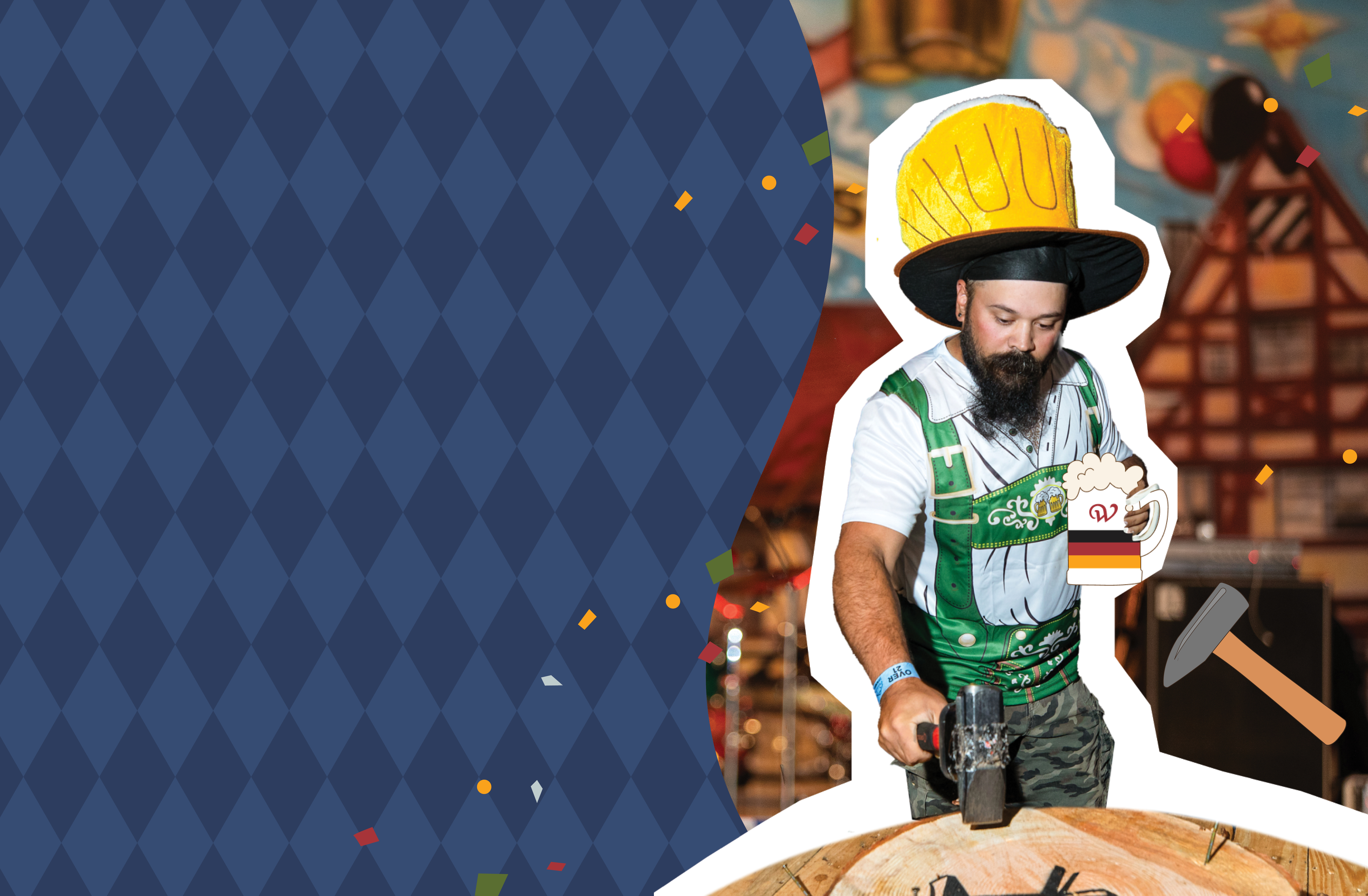 A bearded man in a large yellow hat and green lederhosen plays Hammerschlagen while holding an illustrated image of a beer.