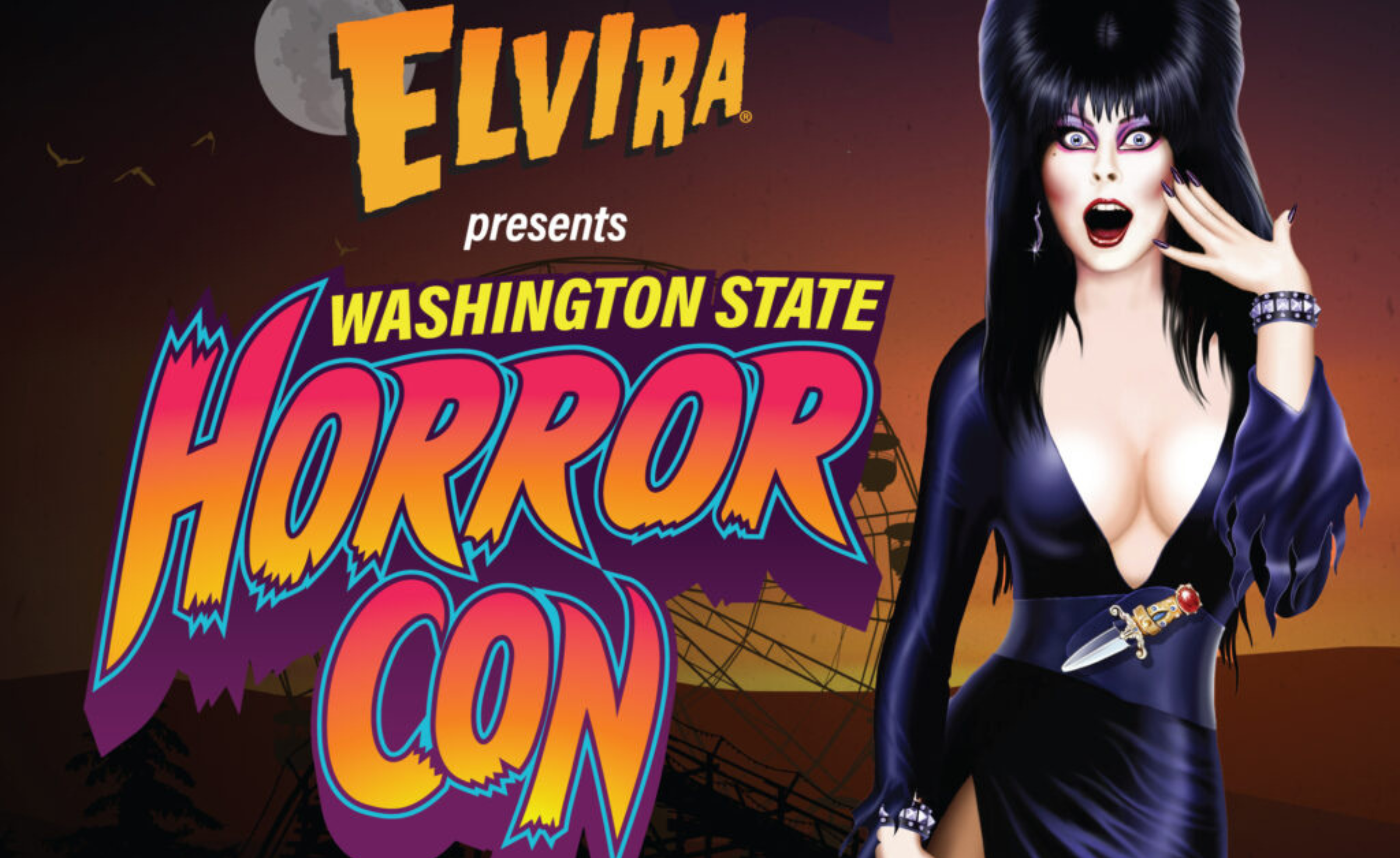 An image of the character Elvira with her eyes wide and mouth aghast and the words "Elvira presents Washington State Horror Con, October 24-26, Puyallup, WA" next to her in bold Halloween letters.