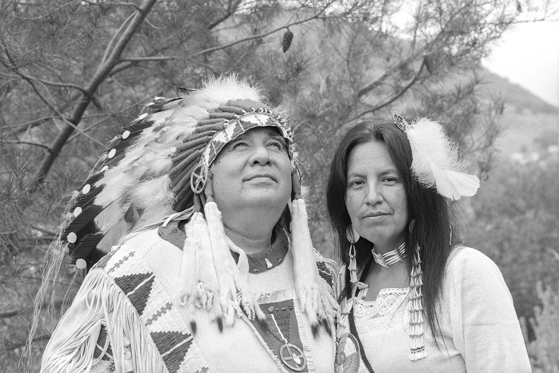 A photo of Chief Golden Light Eagle (Loren Zephier) and Many Lightnings (Shannon Campbell)