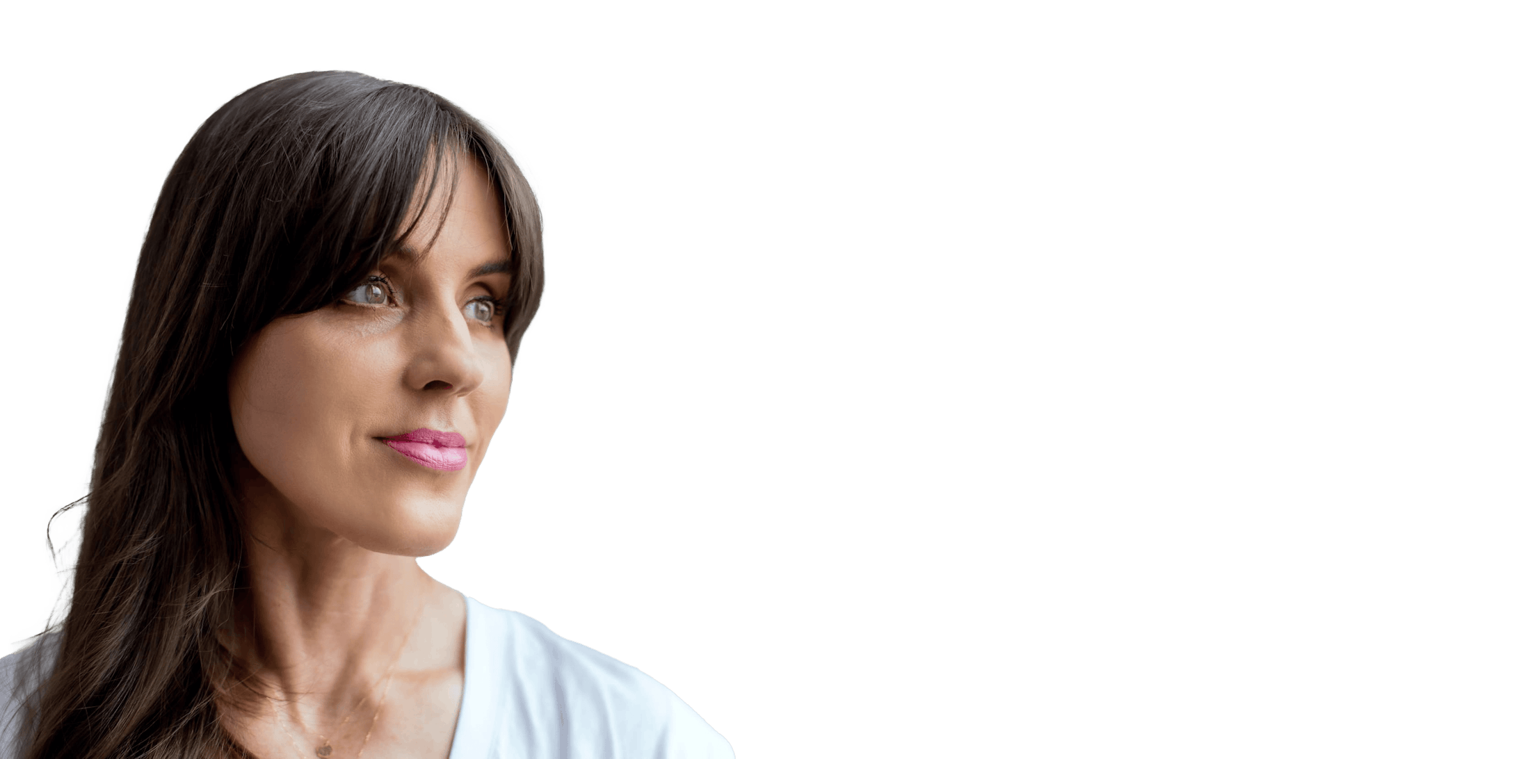 woman with long brown hair with bangs