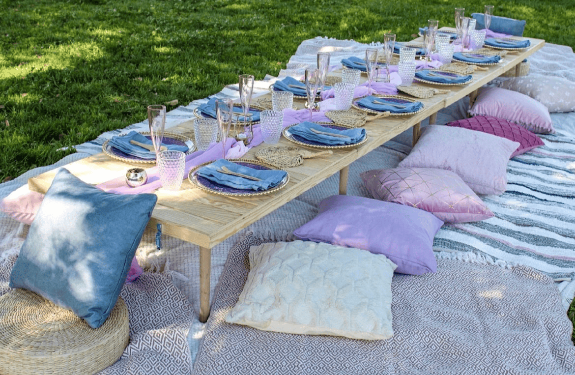 Pillow's and lowtable in the grass