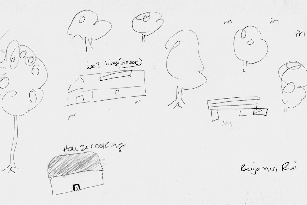 Benjamin, from the PNG highlands, drew the raised platform his village calls a patapata.
