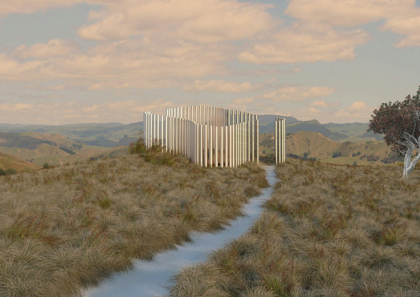 A ring of tall aluminium pou standing on an open tussock ridge, a path leading up to it, hill country behind.