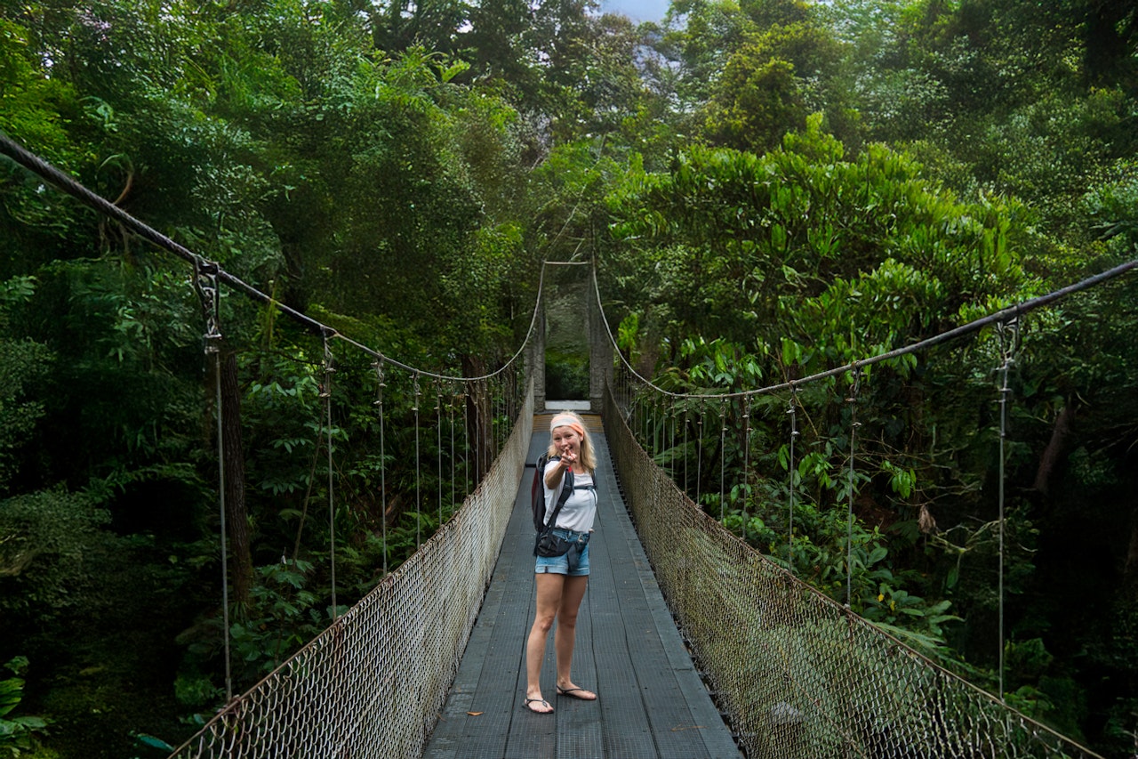 Traveller on suspension bridge in costa rica forest