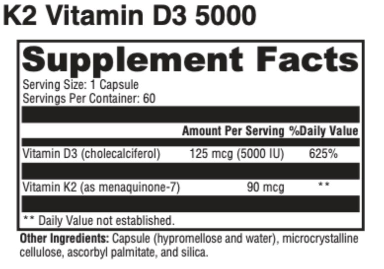 Supplement Facts for K2 D3 5000
