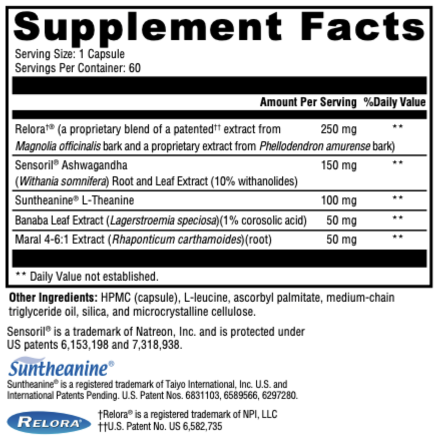 Supplement facts for Cortisol Support