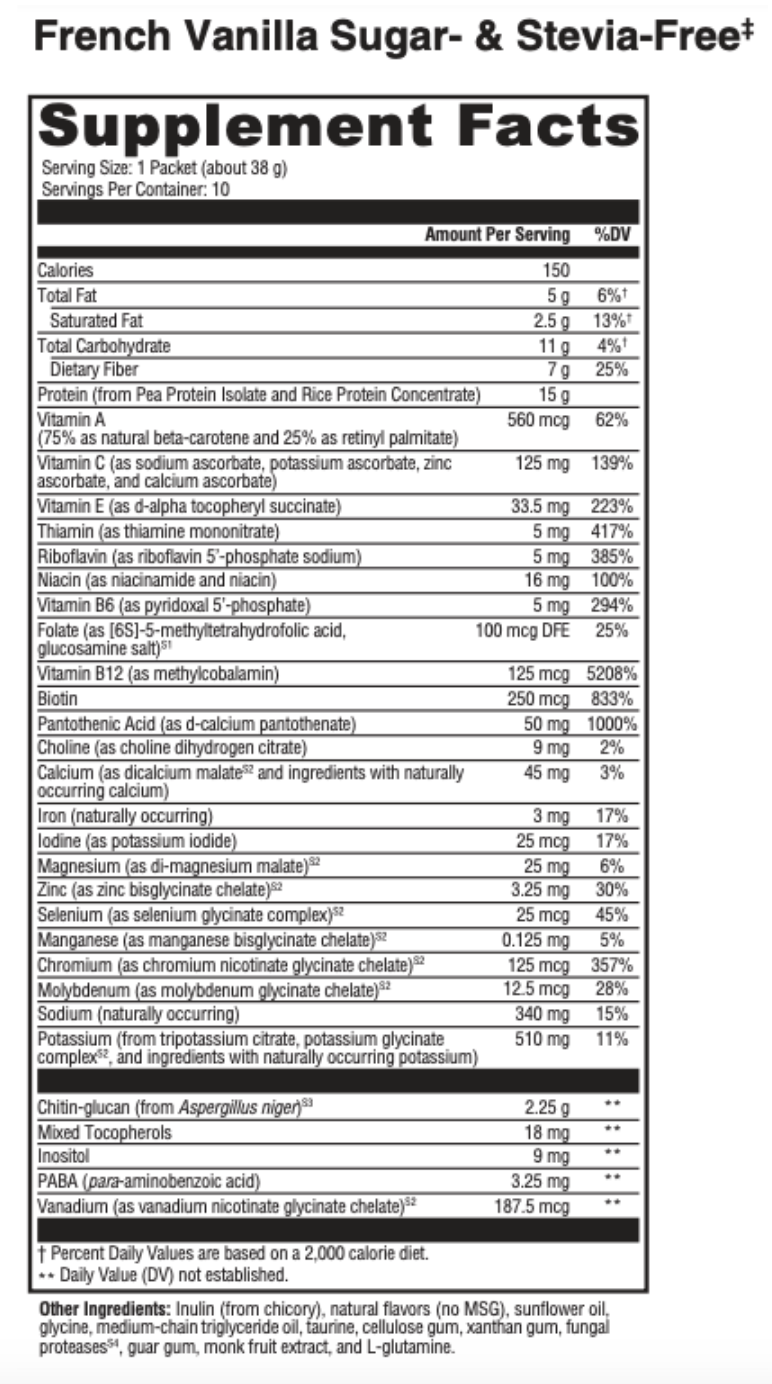 Supplement facts for Sero-Lean Meal Vanilla