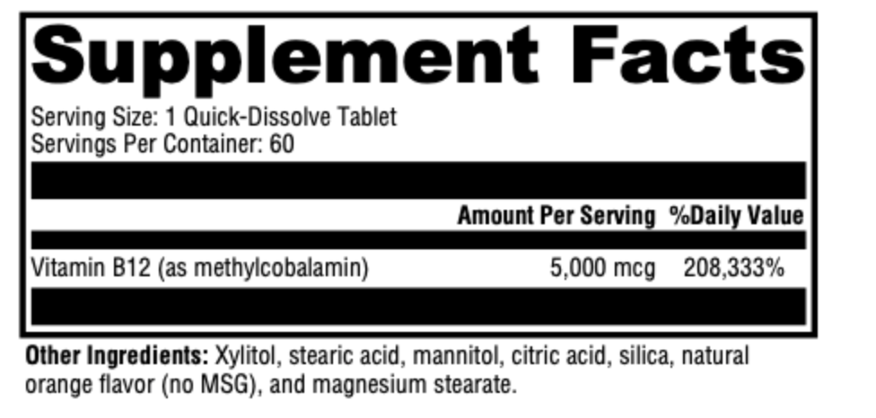 Supplement facts for B12 Methylcobalamin