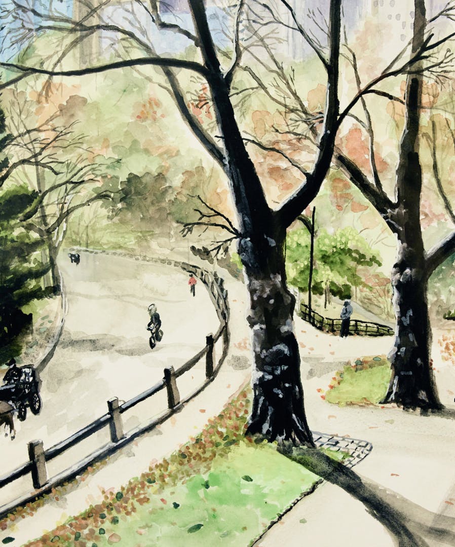 watercolor painting of people in a park