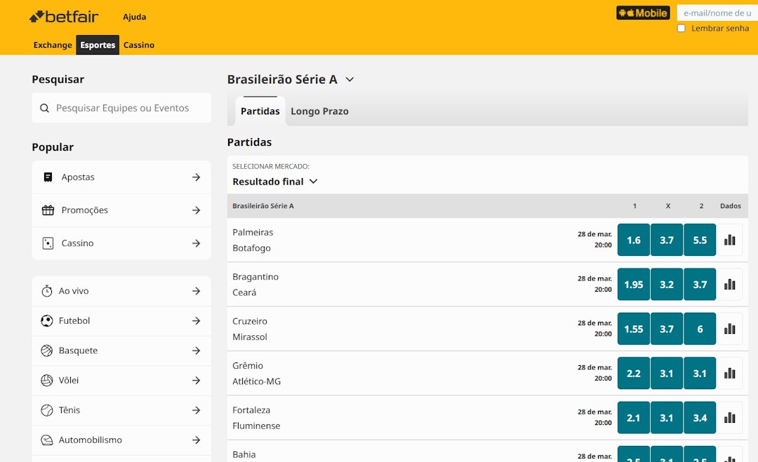 Mercados de apostas Betfair