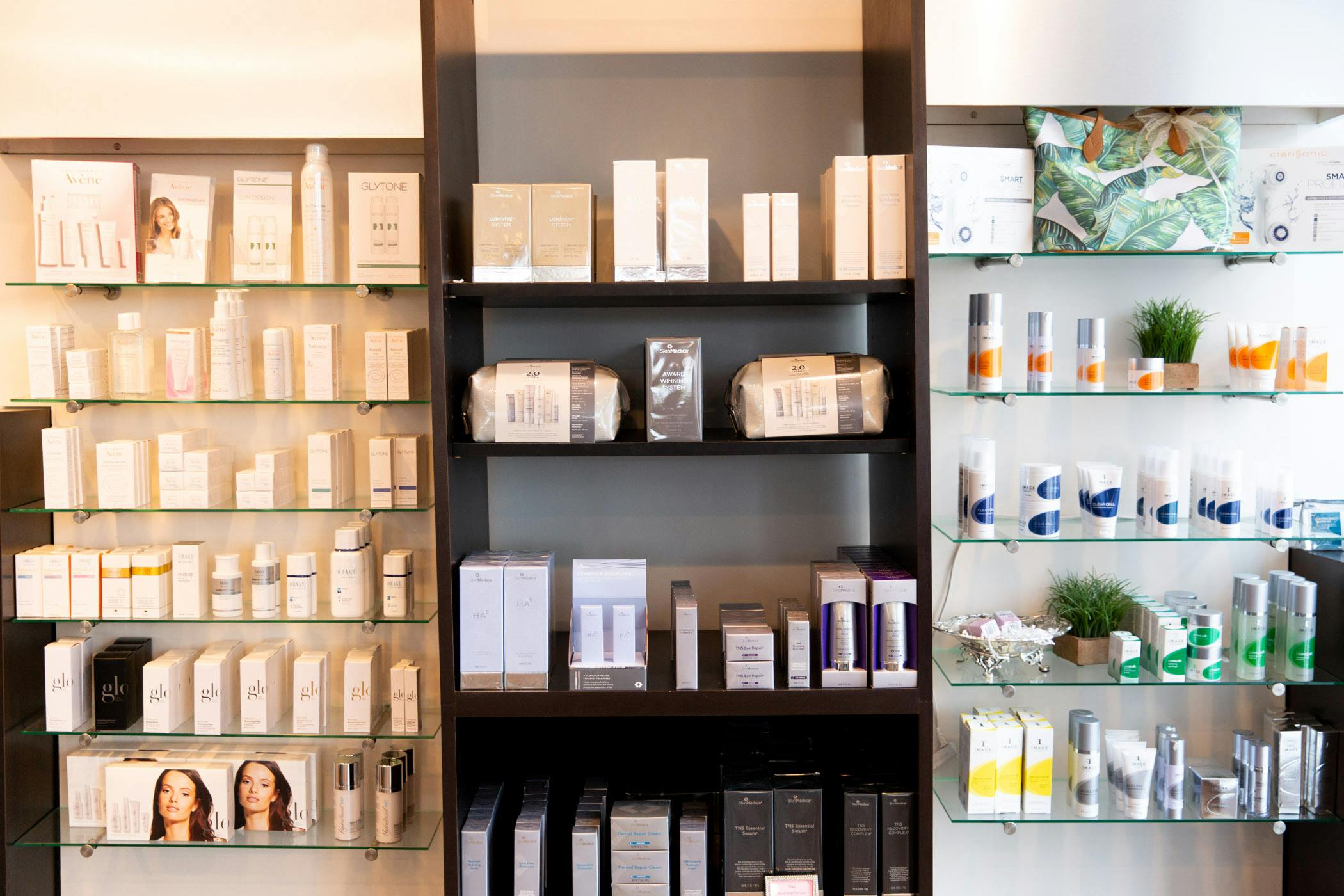 shelves with skincare products on them