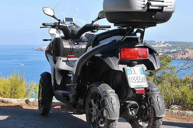 Four-wheel scooter promises twice as much grip as a two-wheeler. The 350cc, single cylinder engine makes 30bhp and it can be ridden on a car licence