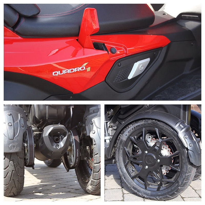 Four-wheel scooter promises twice as much grip as a two-wheeler. The 350cc, single cylinder engine makes 30bhp and it can be ridden on a car licence