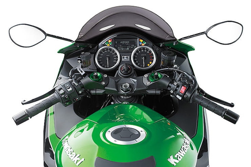 Kawasaki’s longstanding rocket-ship hyperbike, the ZZR1400, a brilliant machine that has more gloriously smooth mid-range than the supercharged H2 SX and costs considerably less!