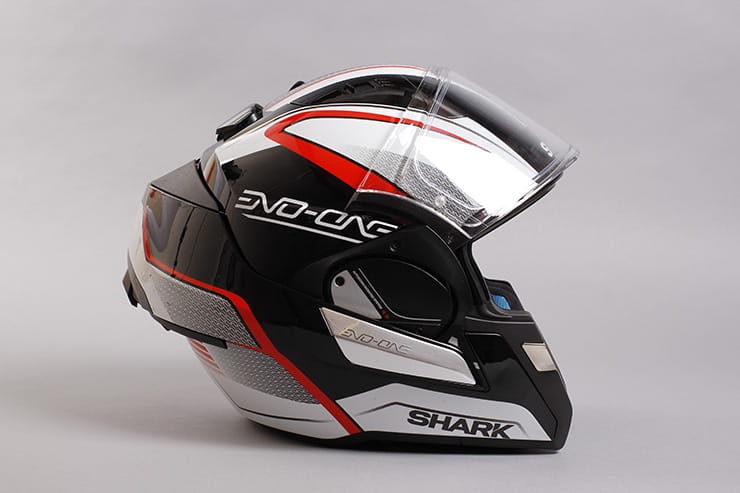 Evo-One motorcycle helmet flip front at the rear of the helmet