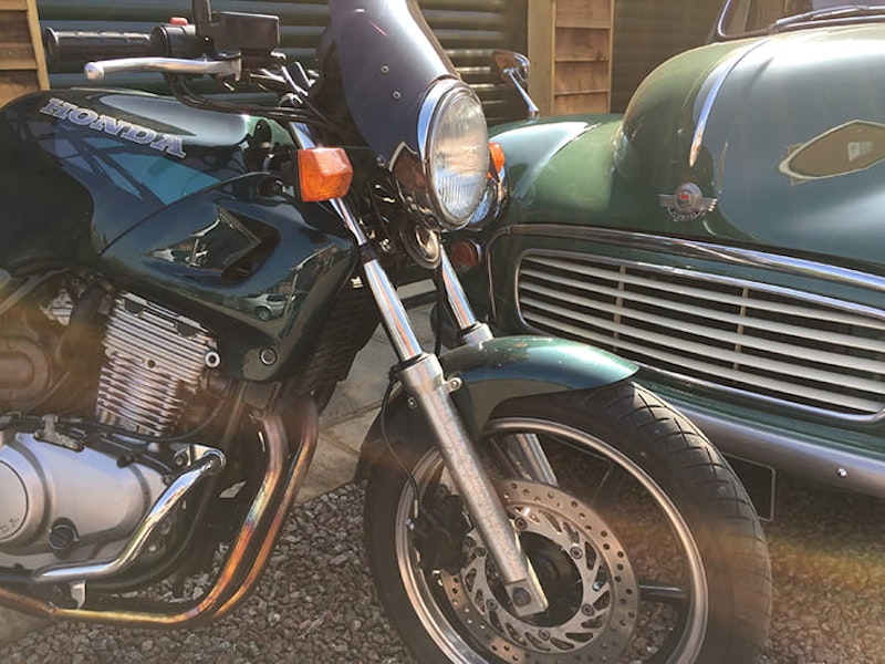 Honda CB500 and Morris Minor van