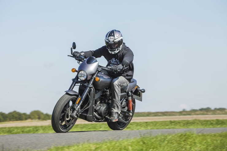 2017 Harley-Davidson Street Rod cornering on a fen road f
